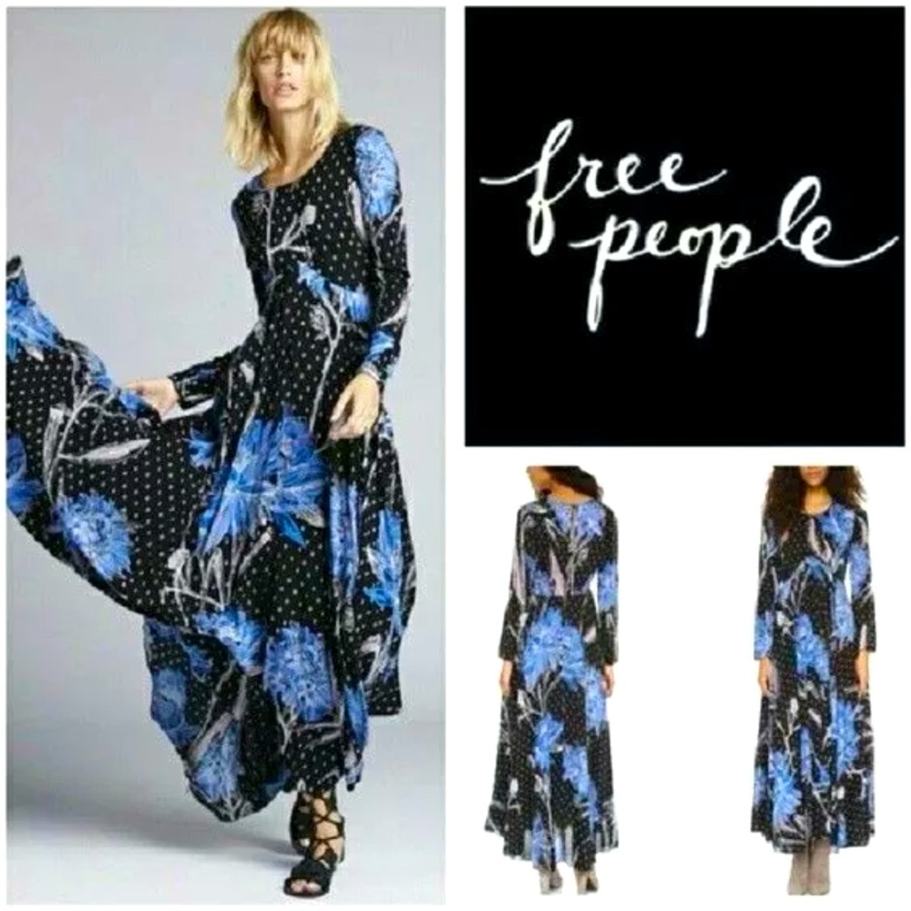 FREE PEOPLE Sz SMALL ~ First Kiss Maxi Boho Dress, Color: Botanical Night Combo